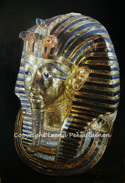 Painting of Tutankhamon's golden mask.